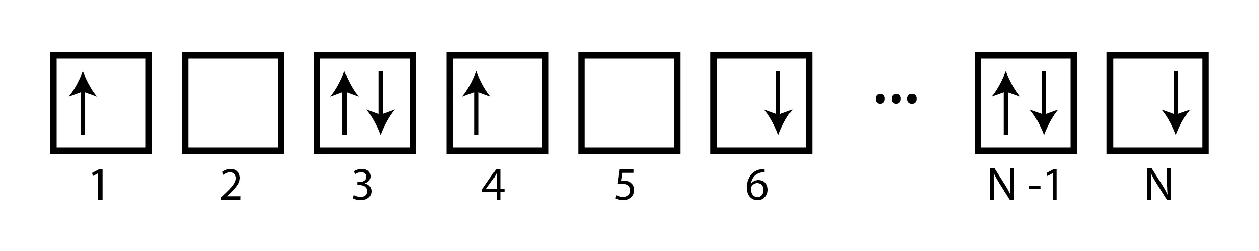 The fermionic many-body state: [u0, 00, ud, u0, 00, 0d, ..., ud, 0d] with "u" here references spin up and "d" spin down.